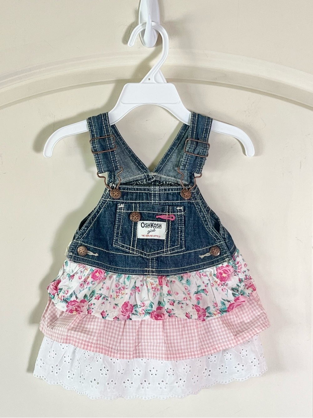 Vintage OshKosh B'gosh Baby Girl Denim Overall Jumper Dress 9M Lace Tiered